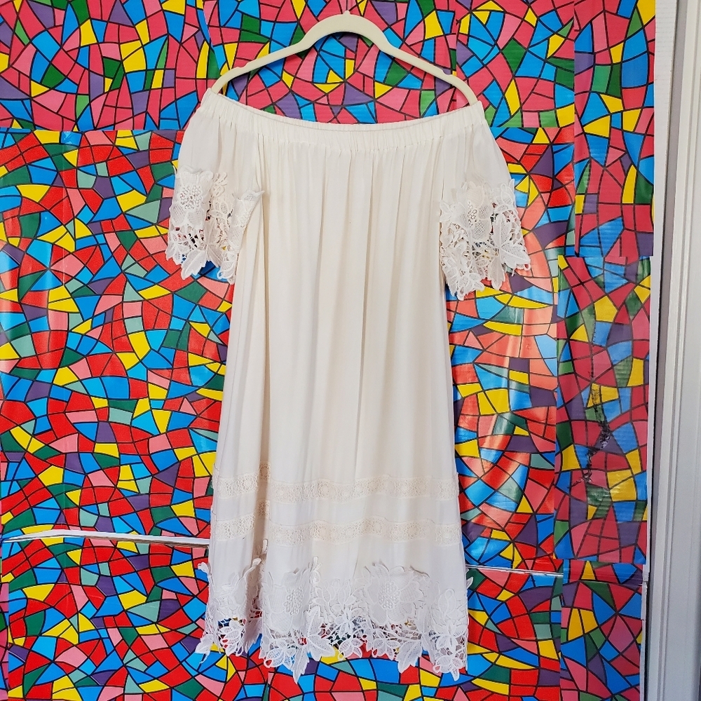 Taylor & Sage Crochet Off Shoulder Lace Midi Dress Short Sleeves Pullover Cream